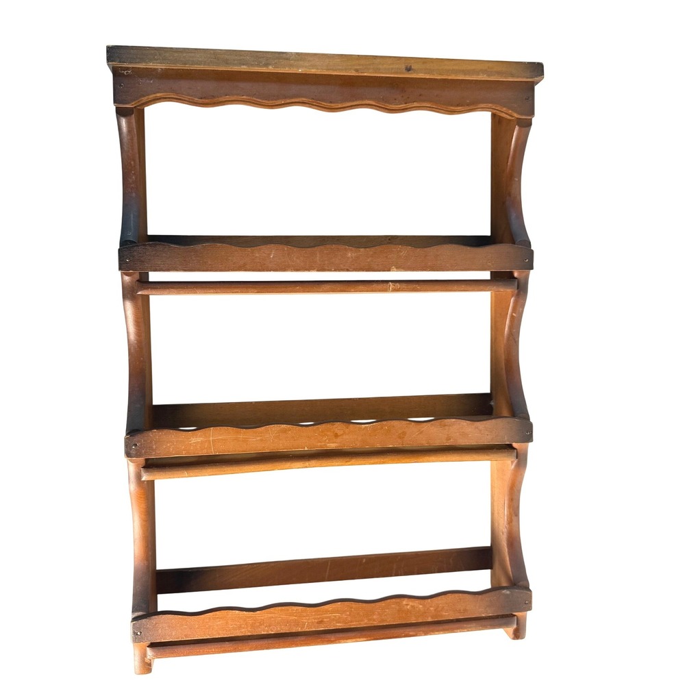 Vintage Wooden Wall Spice Rack 3 Tier Hanging Shelf Farmhouse Scalloped 16x11